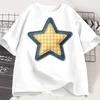 Plaid Star Patch Graphic T Shirt Women Casual Short Sleeve O Neck Loose Tee Cute Denim Stitch Print Summer Top  Goth Shirts