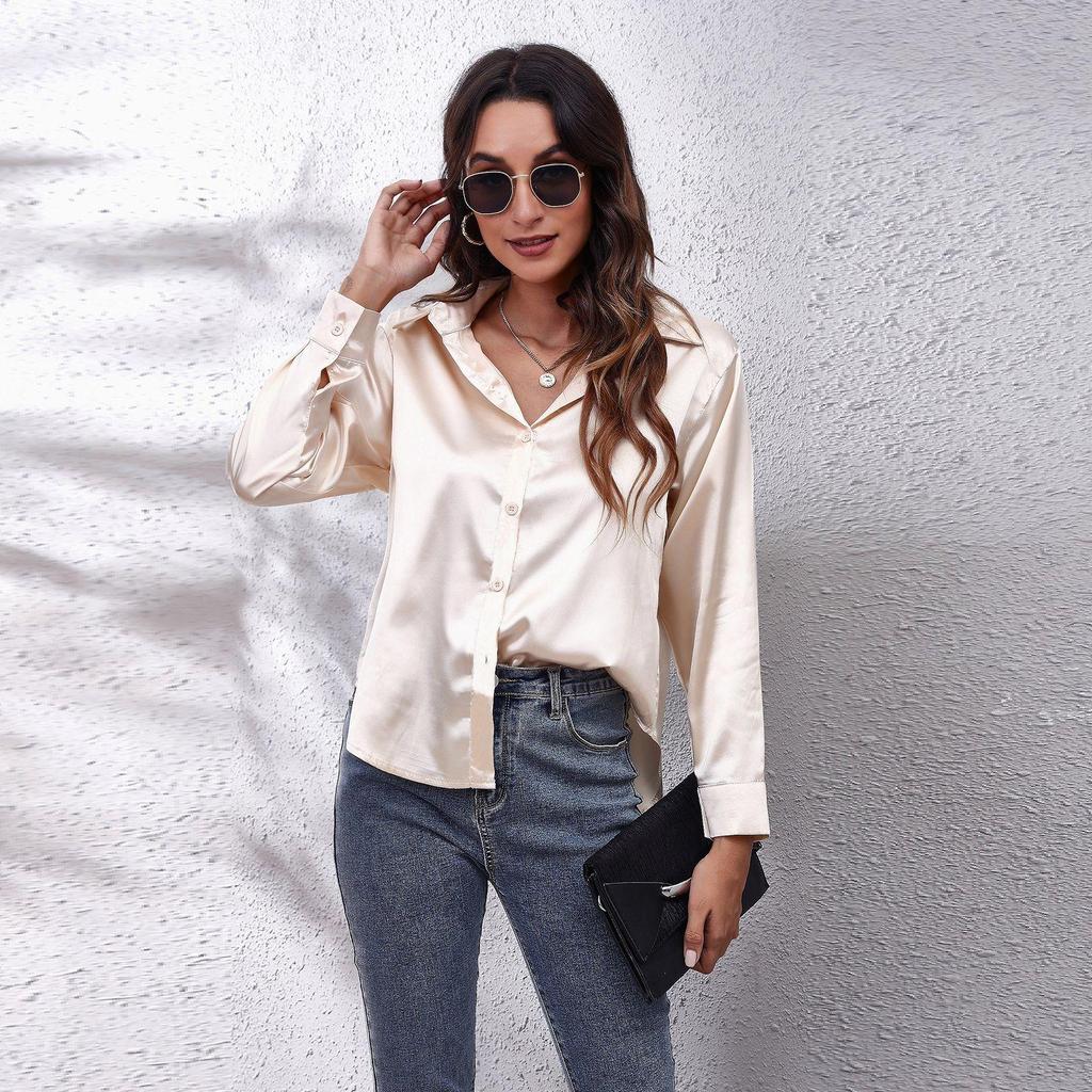 Spring Autumn Satin Blouse Imitation Silk Long Sleeve Shirt for Women's Solid Black White Plus Size Loose Tops