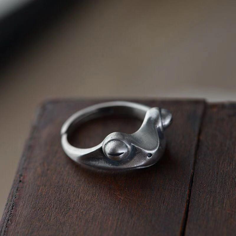 Retro Distressed Frog Ring For Men Punk Gothic Adjustable Open Ring Handmade Antique Tin Drawing Zircon Creative Accessories