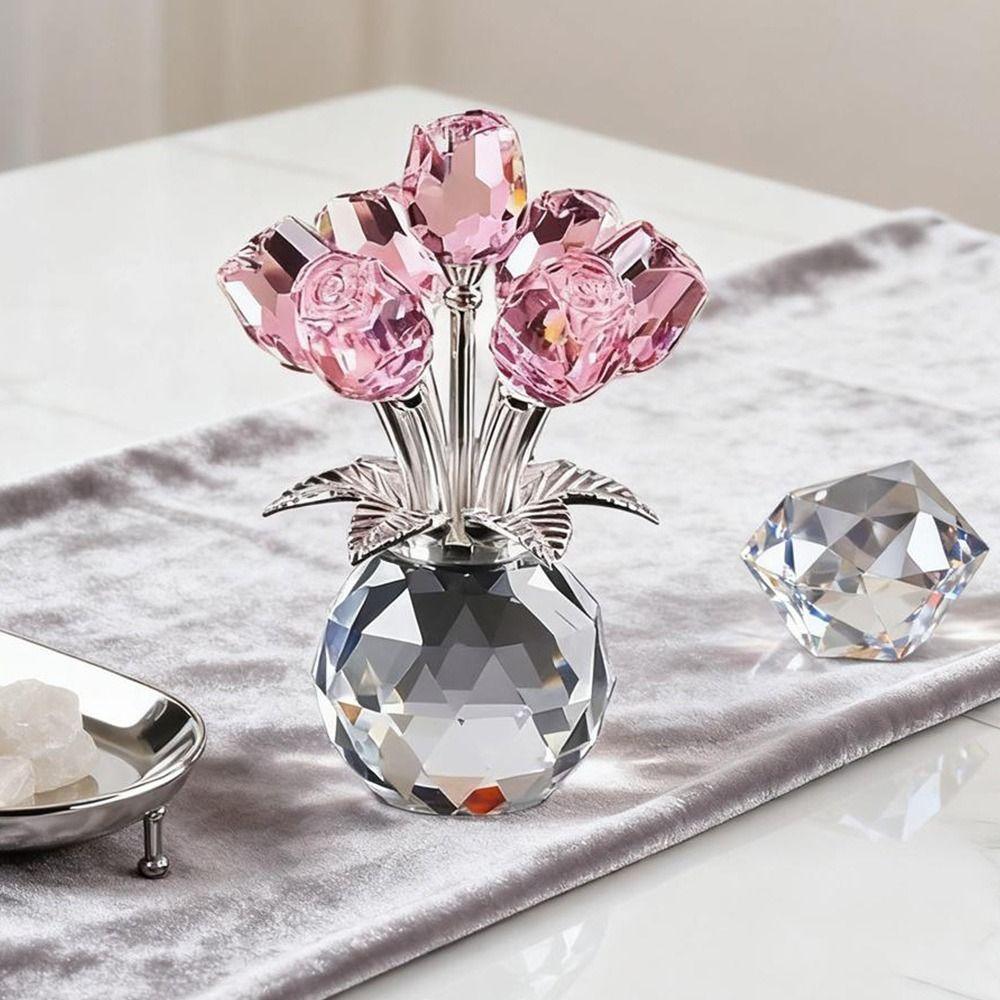 Creative Crystal Rose Sculpture Reflect Colorful Rose Bouquet Ornaments Small Handmade Crystal Rose Bundle Mother's Day