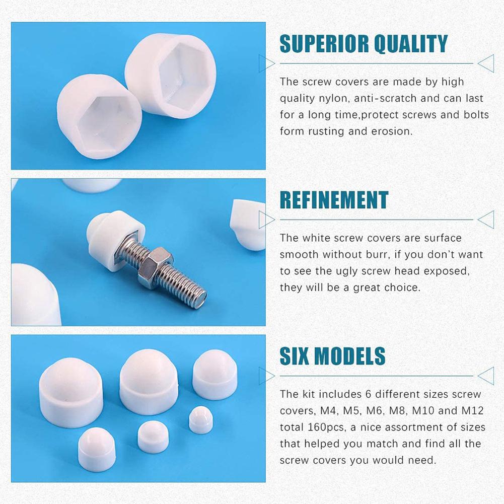 145Pcs Protecting Hexagon Screws Bolts Kit M4 M5 M6 M8 M10 M12 Hexagon Protection Caps Cover Black White Hexagon Nuts Bolt Cover