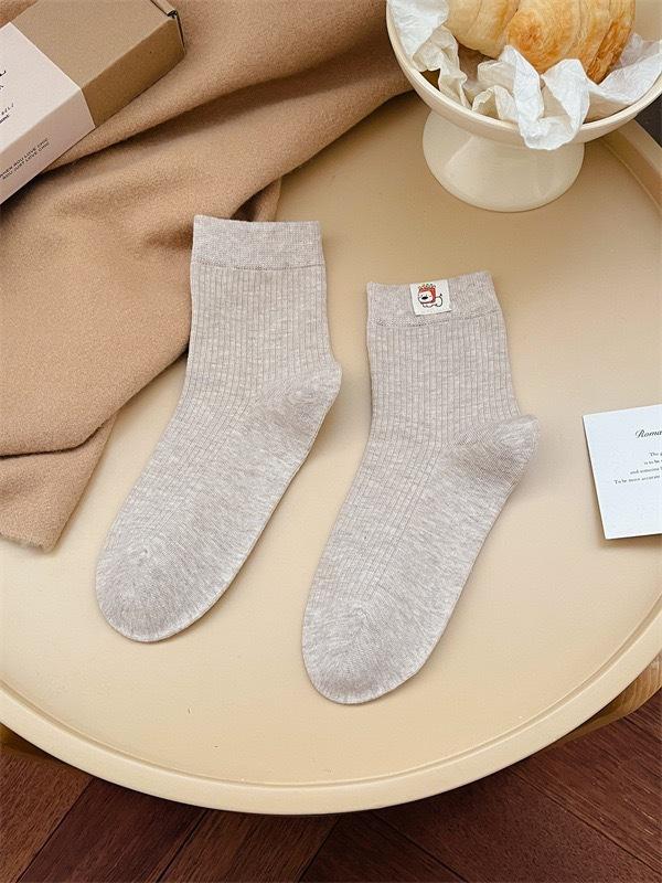 Early Autumn Embroidery Cute Cartoon Puppy Socks Striped Cotton Boneless Cloth Label Socks For Women Korean Students