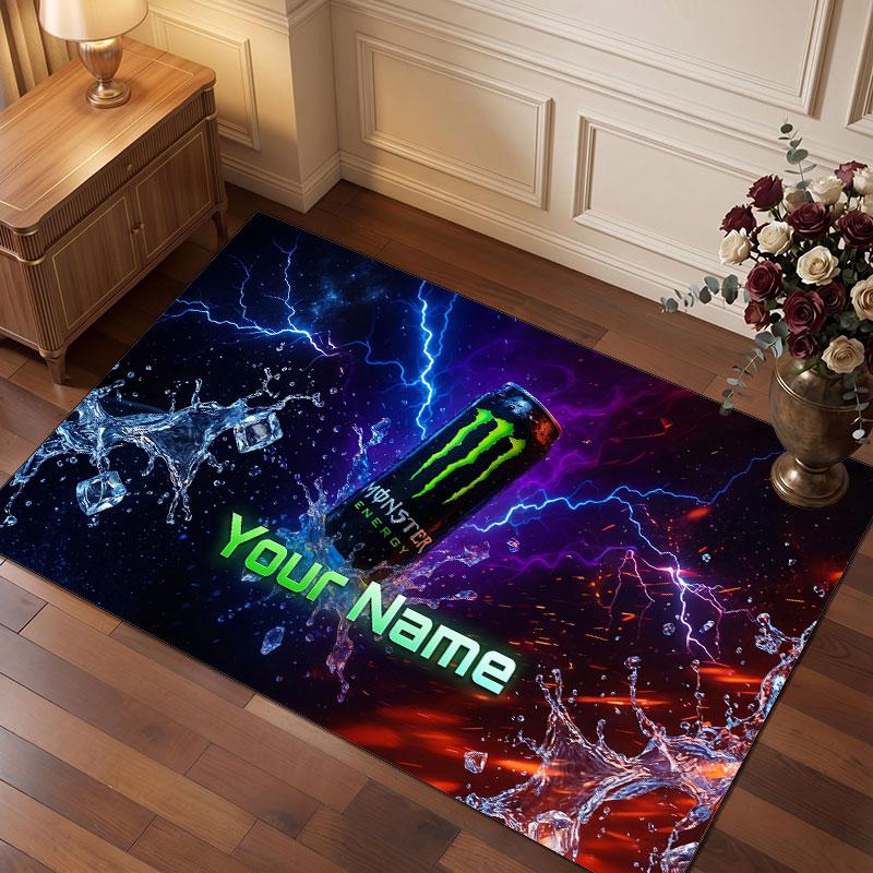 Tappeto in Cristallo Vellutato Personalizzato Monster Energy, Tappeto Morbido Antiscivolo con Testo Nome Personalizzato per Soggiorno Camera da Letto