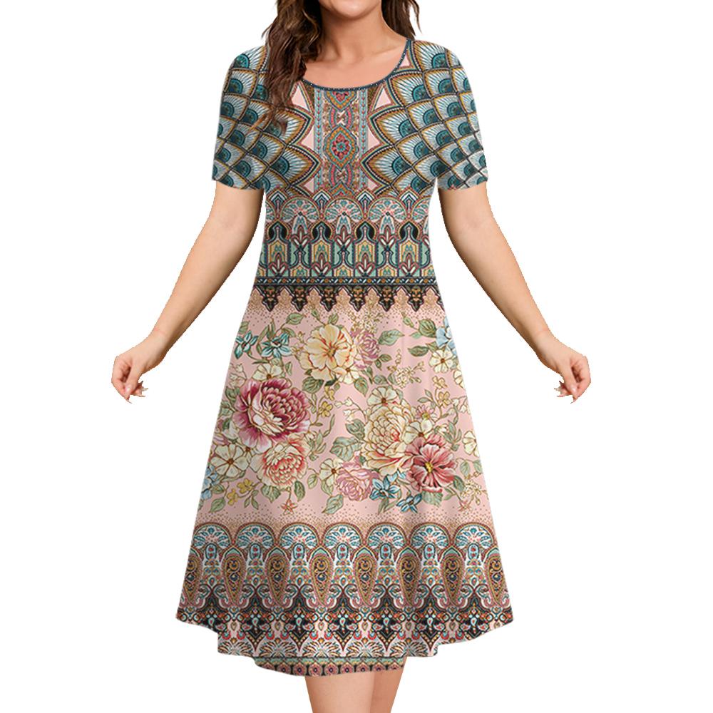 Ethnic Style Women's A-line Skirt Summer Fashion Casual Dress Flower Clothes Ladies Loose Casual Round Neck Dress