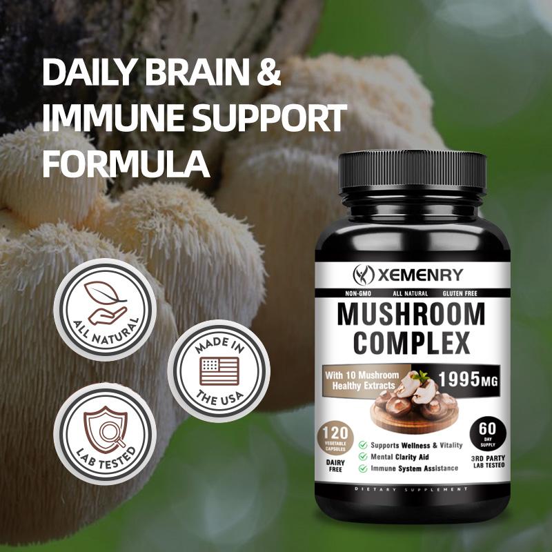 XEMENRY capsules containing 10 kinds of complex mushroom extracts, 1995mg, for immune health, suitable for adults.