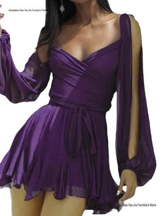 2026 Spring European & American Women's V-neck Pleated Dress - Elegant, Sexy, Solid Color