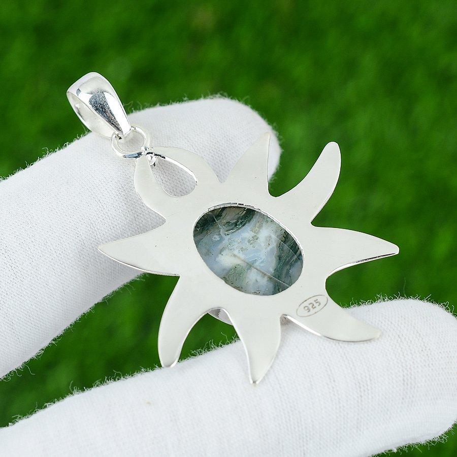 Oval Solar Moss Agate Stone Sterling Silver Bezel Wife Birthday Pendant Jewelry