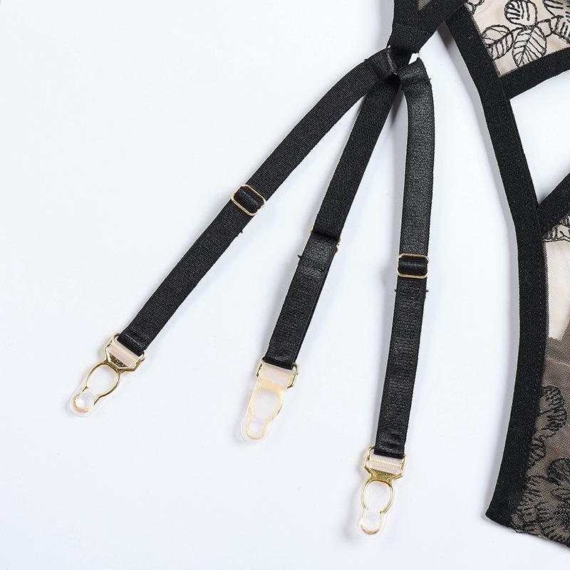 Dame Gjennomsiktig Mesh Broderi BH-sett Sexy Lingeri Bøyle-BH Strømpeholder G-streng Drakts