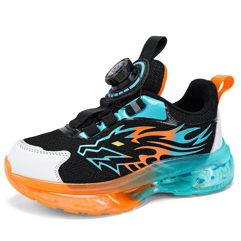 918 Children's Running Shoes Rotating Buckle Leather Sneakers Boys Low-top Mesh Fashion Primary School Students Running Shoes Spring and Autumn