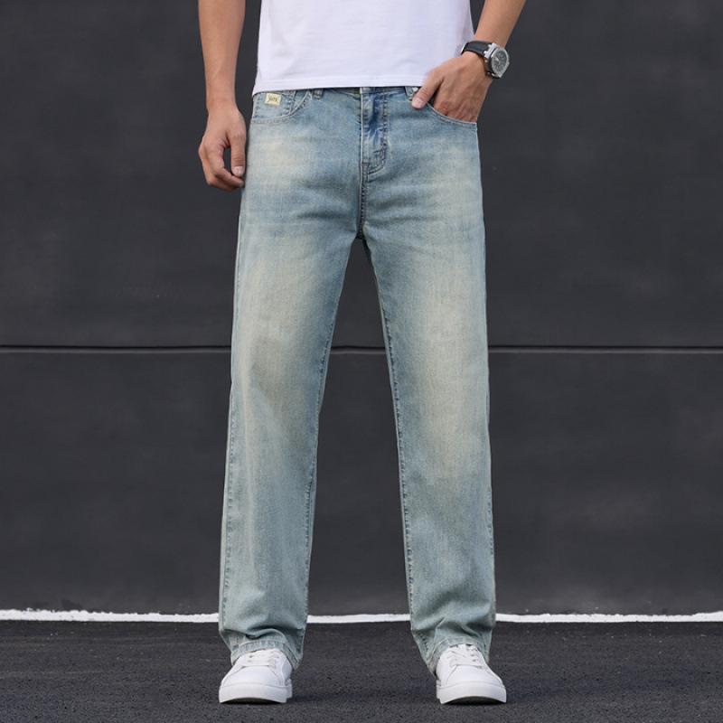 JYL Thin Jeans Men's Elastic Wide Straight New Wide Pants Daily Retro Pants.