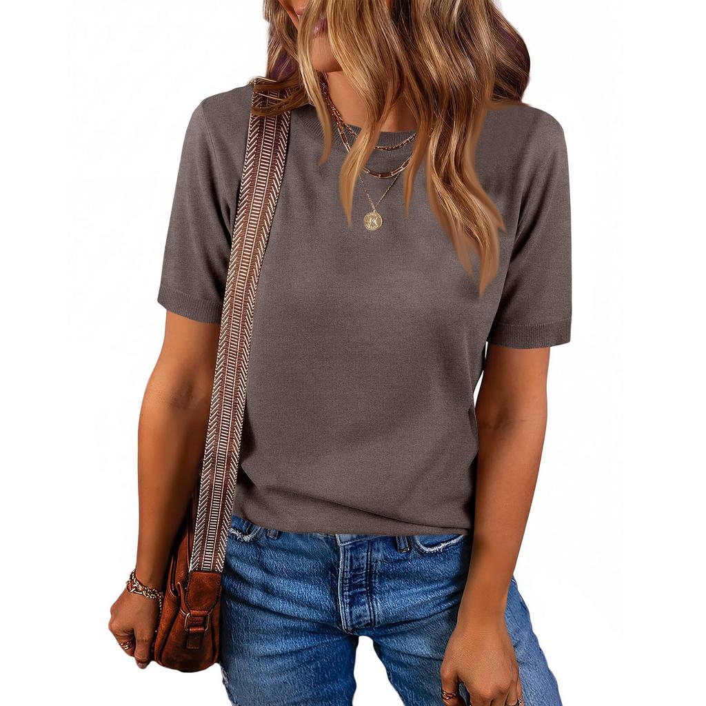 Women Pullover Sweater Wool Blend Short Sleeve Crew Neck Casual Lightweight Knitwear for Everyday Wear