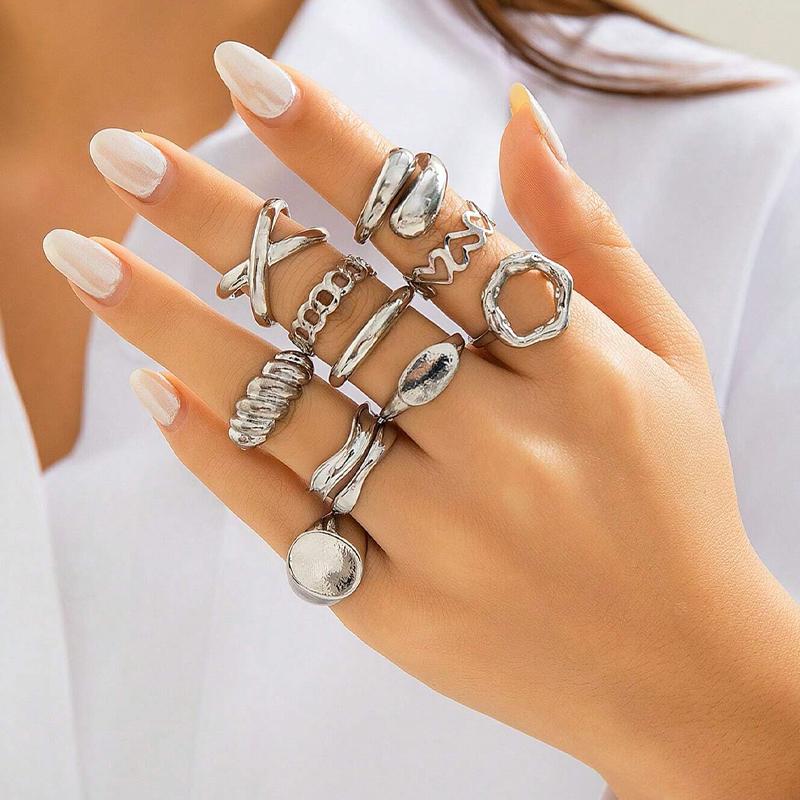 10 Pcs Vintage Minimalist Rings For Women Fashion Hollow Out Geometric Open Ring Daily Wear Party Decoration Jewelry Set Gifts