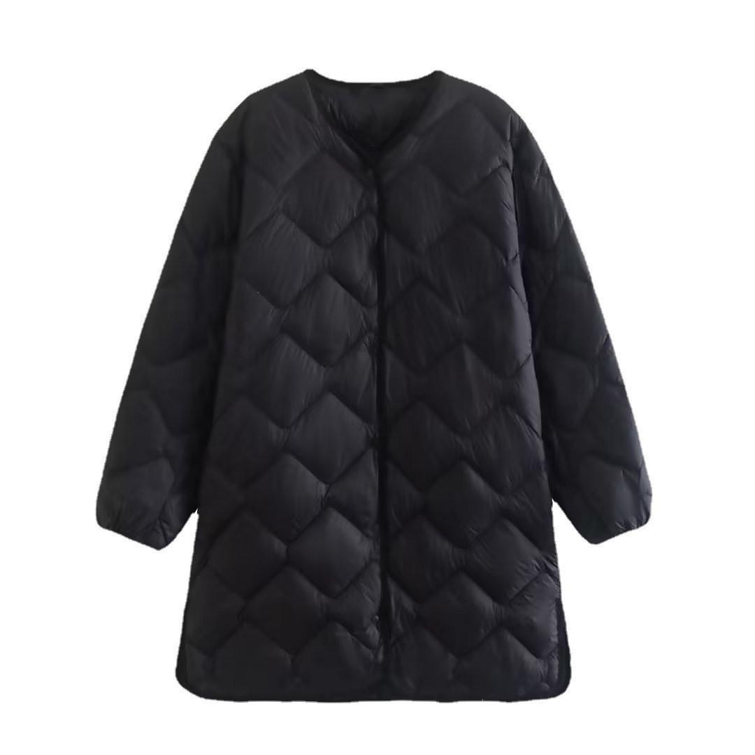 

Осенняя новая легкая куртка-пуховик, японская и корейская повседневная куртка средней и длинной длины с белым утиным пухом и V-образным вырезом, женская одежда XL чёрный