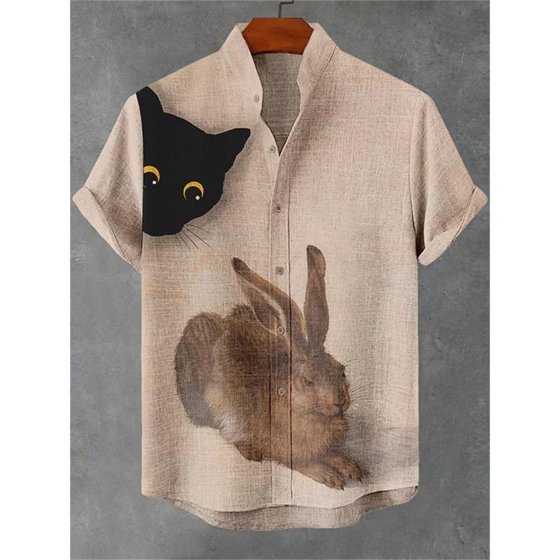 Men's short-sleeved shirt with a fun cat print, stand-up collar, single-breasted casual style. Hawaiian shirt, men's unique top.
