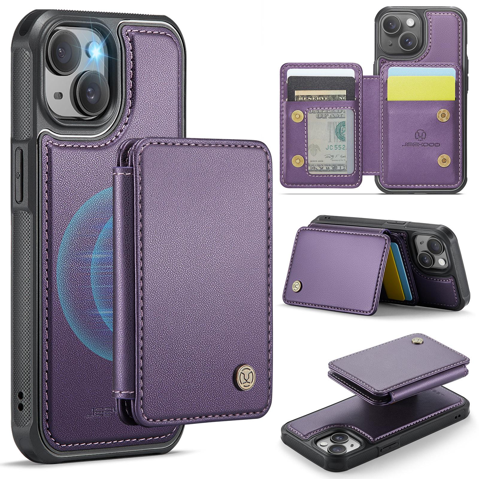 

For iPhone 14 Case Leather Mobile Cover with Detachable Magnetic Card Bag Purple