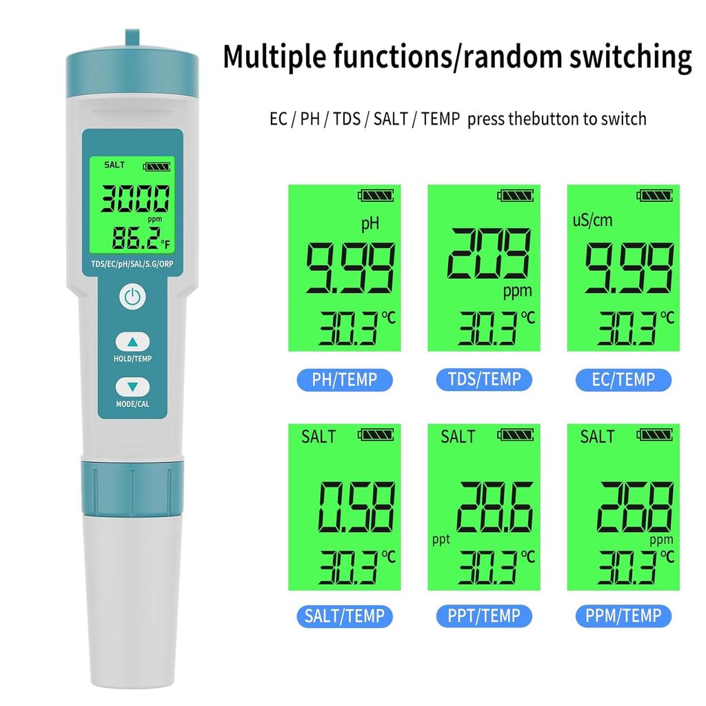 PH Meter TDS Meter 8 in 1 Digital Water Tester Pool Salt Tester Salinity, PH, TDS, EC, ORP, H2 and TDS Meter, PH Meter for Water with LCD Backlit