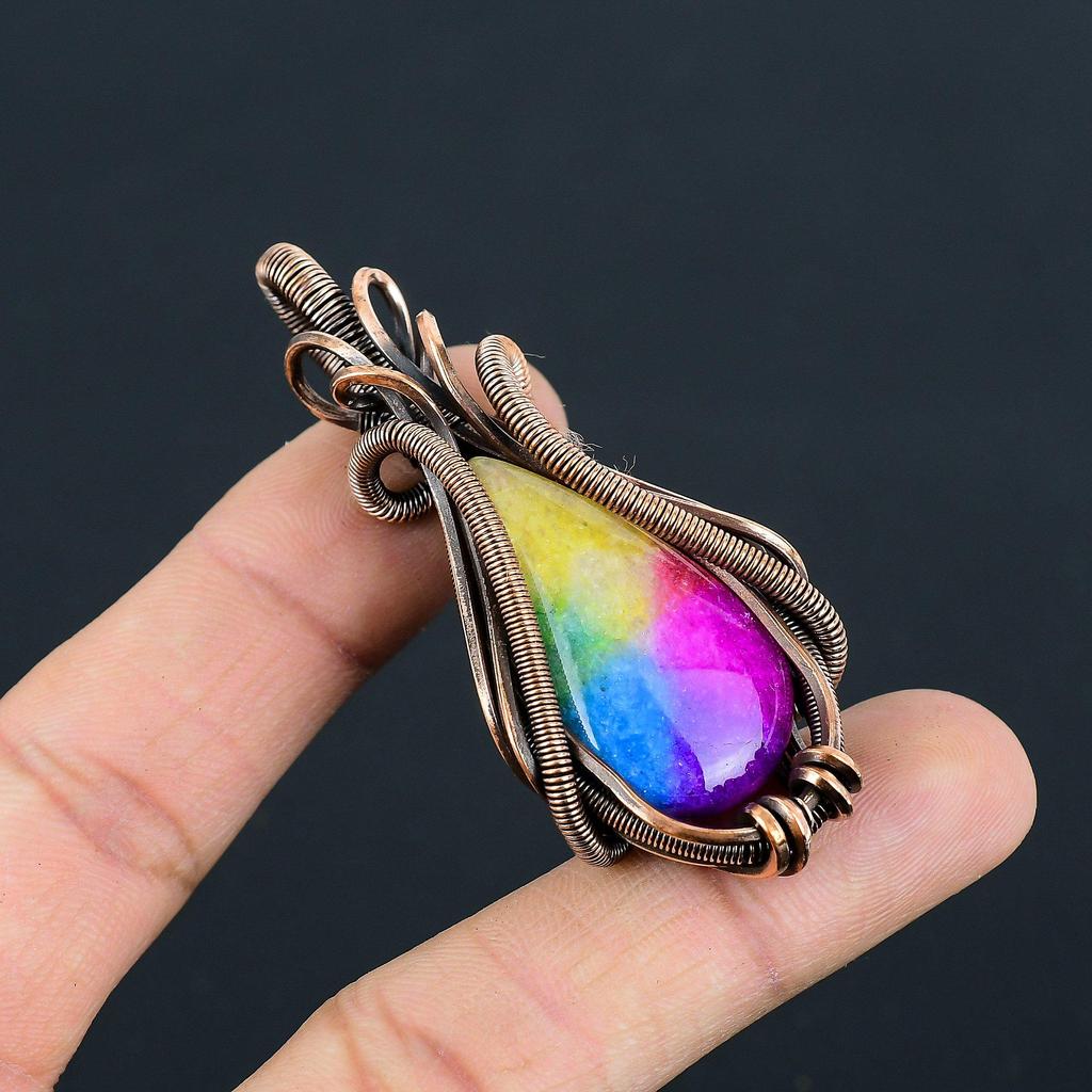 Funkelnder Regenbogen Solarquarz Edelstein Handgefertigter Kupferdraht Wickel Schmuck Anhänger Zum Geschenk