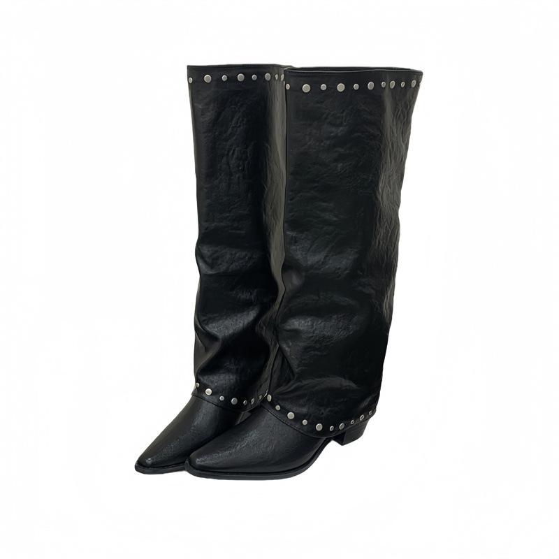 Neue koreanische Version Hosenstiefel Damen Retro Maillard spitz zulaufende Ritter Spice Girl dicksohlige Nietenstiefel Damen
