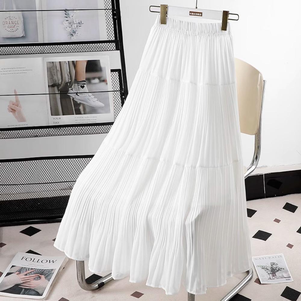 DIMANAF 2026 Summer Women New Skirts Chiffon Solid Elastic Waist Pleated Mesh Elegant Skirts