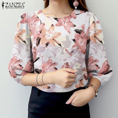 Women Casual Round Neck 3/4 Sleeve Loose Floral Blouse