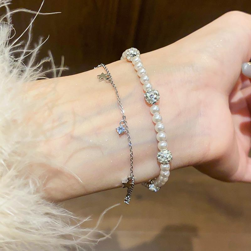 Elegant French Pearl & Zircon Star Double Layer Bracelet - Versatile Jewelry for Women