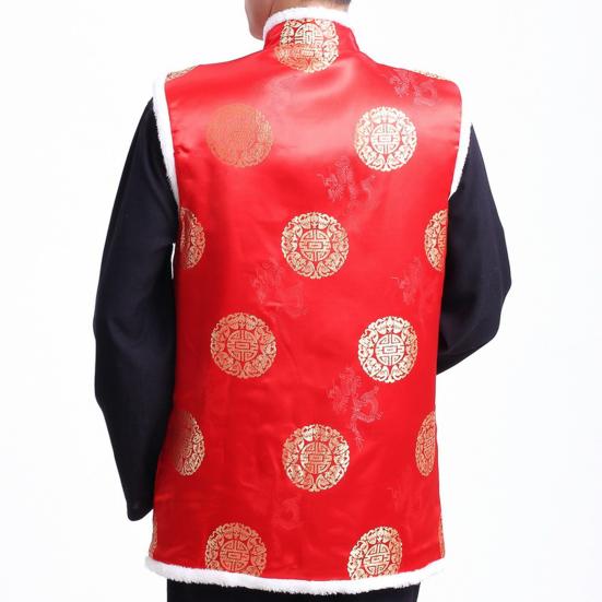Stand Collar Sleeveless Disc Buckles Furry Trim Tang Suit Vest Men Winter Chinese New Year Tang Suit Waistcoat Outerwear