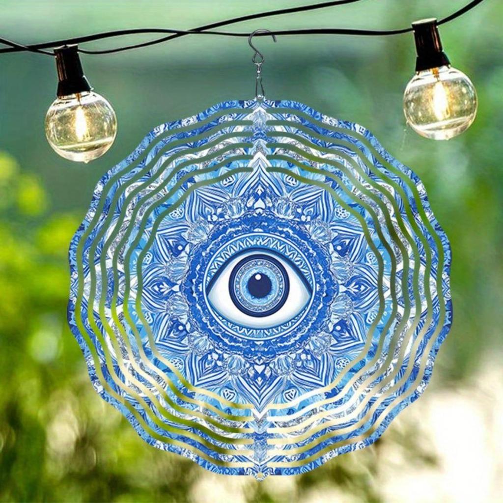 Evil Eye Wind Spinner 3D Metal Garden Decor Blue and White Design for Patio Yard Outdoor Thanksgiving Christmas Holiday No Power Needed