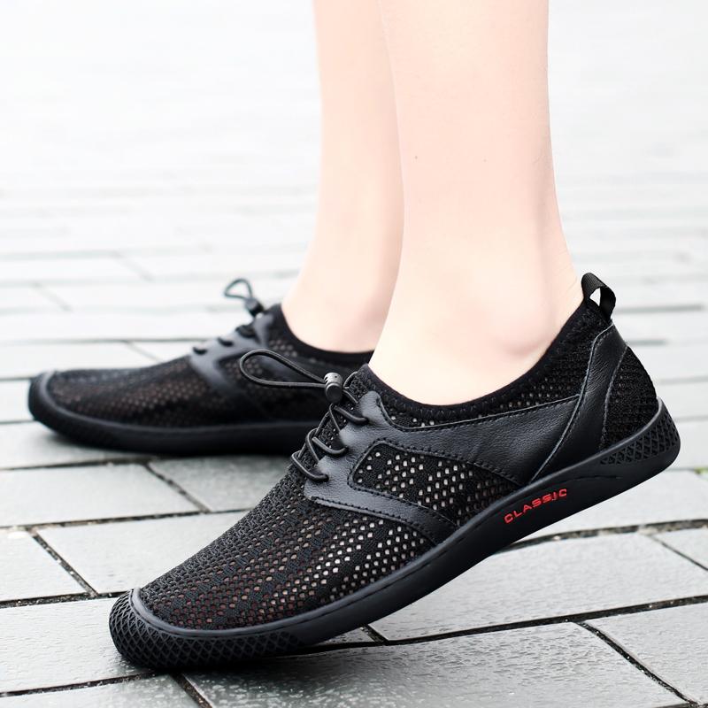 Летняя мода мужские черные кроссовки сетчатые повседневные туфли на шнуровке дышащие — фото 4