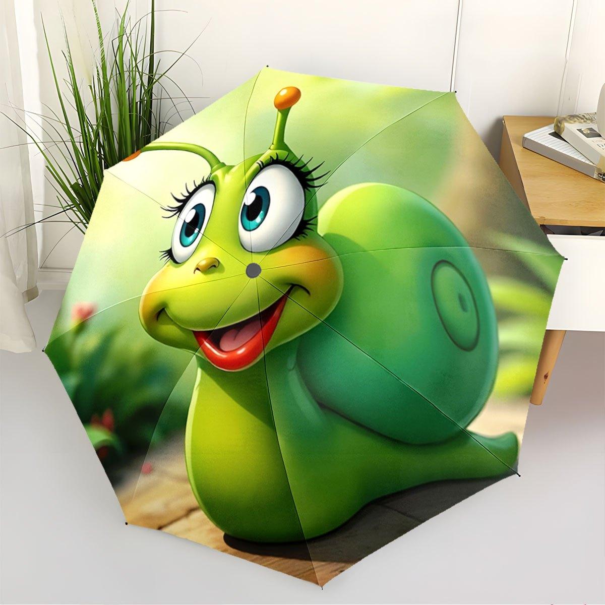 Folding umbrella Green cartoon snail with a cheerful smile, garden path background Creative portable folding umbrella, suitabl