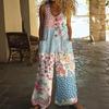 Women's Floral Printed Wide Leg Jumpsuit Sleeveless Button Front Romper Summer Casual Loose Overall with Pockets