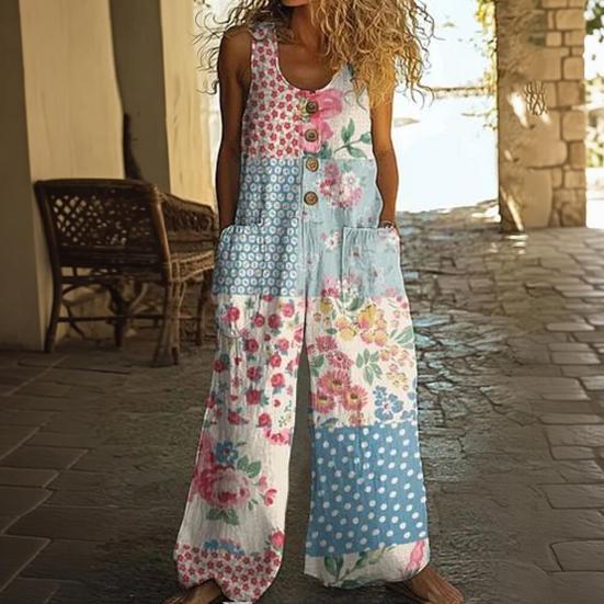 Women's Floral Printed Wide Leg Jumpsuit Sleeveless Button Front Romper Summer Casual Loose Overall with Pockets
