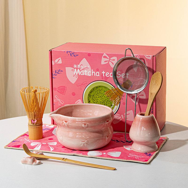 8pcs Authentic Japanese Tea Ceremony Set - Pink Ceramic Matcha Bowl with Whisk Stand