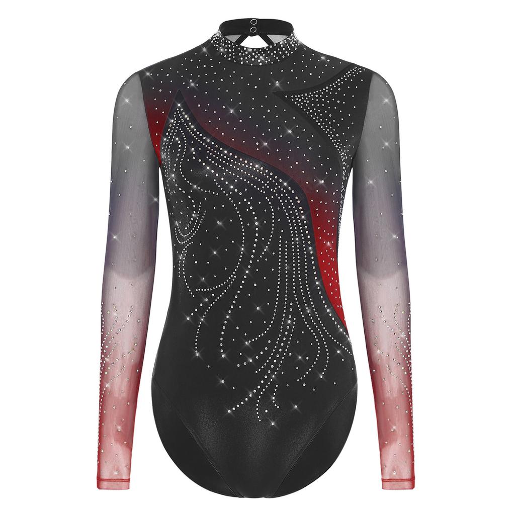 Womens Figure Skating Leotard Rhinestone Long Sleeve Hollow Out Design Ballet Gymnastic Training Bodysuit