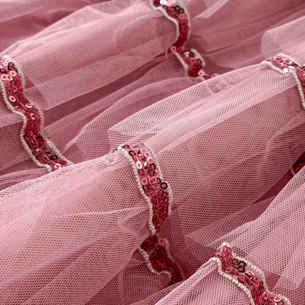 Letní dámské sladké flitrované květinové růžové síťované duté společenské šaty