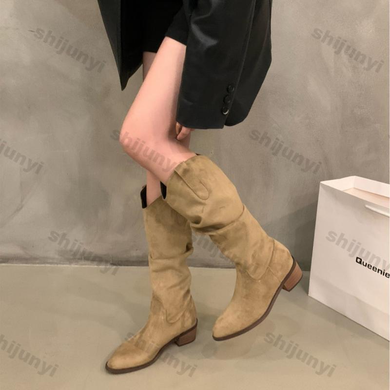 Fashion Vintage Chunky Heel Western Cowboy Boots for Women Winter New Faux Suede Ankle Boots Woman Pointy Chunky Heels Short Botas Mujer