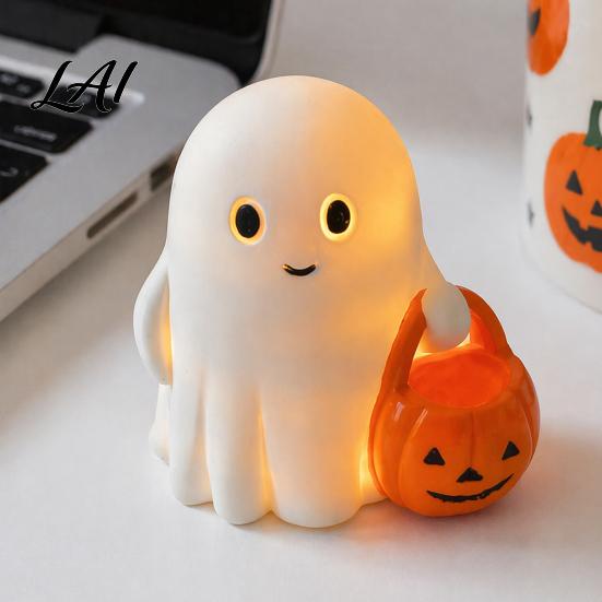 Warm Light Ghost Decor Halloween Holding Pumpkin Figurine Spooky Statue with Night Light Resin Ornament for Desk Tabletop Centerpiece