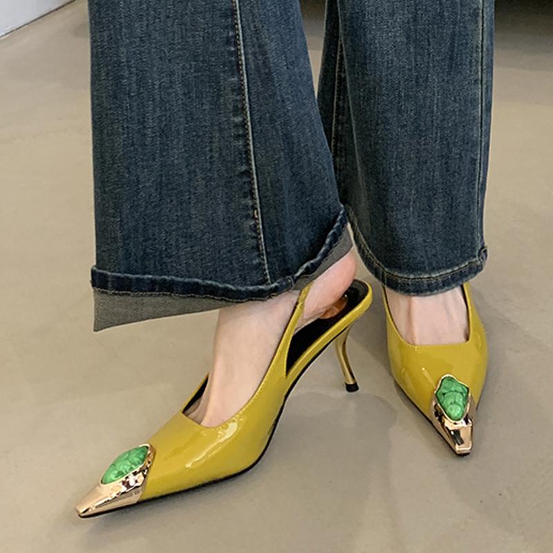 Liyke Fashion Design Inlay Gems Pointed Toe Patent Leather Sexy Slingback Sandals Women Pumps High Heels Wedding Banquet Shoes