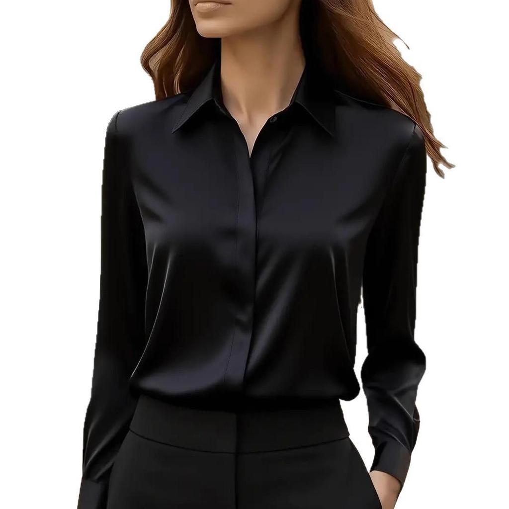 Women's 2026 Autumn Satin Lapel Shirt - Long Sleeve Solid Color Top