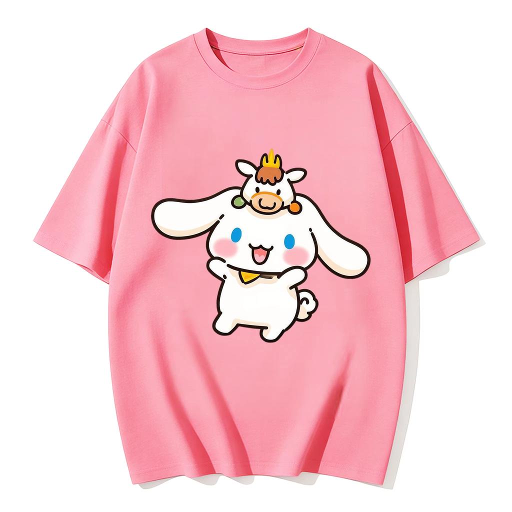 2026 Koszulka Cinnamoroll miękka bawełna krótki rękaw okrągły dekolt uroczy nadruk lekka letnia bluzka dla kobiet codzienne casualowe ubranie