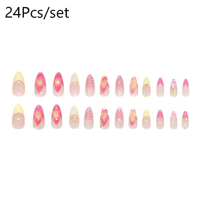 French Style Pink Flower Art Nail Patch Long Almond Fake Nails With Pearl Flower For Women Diy Manicure Accessories