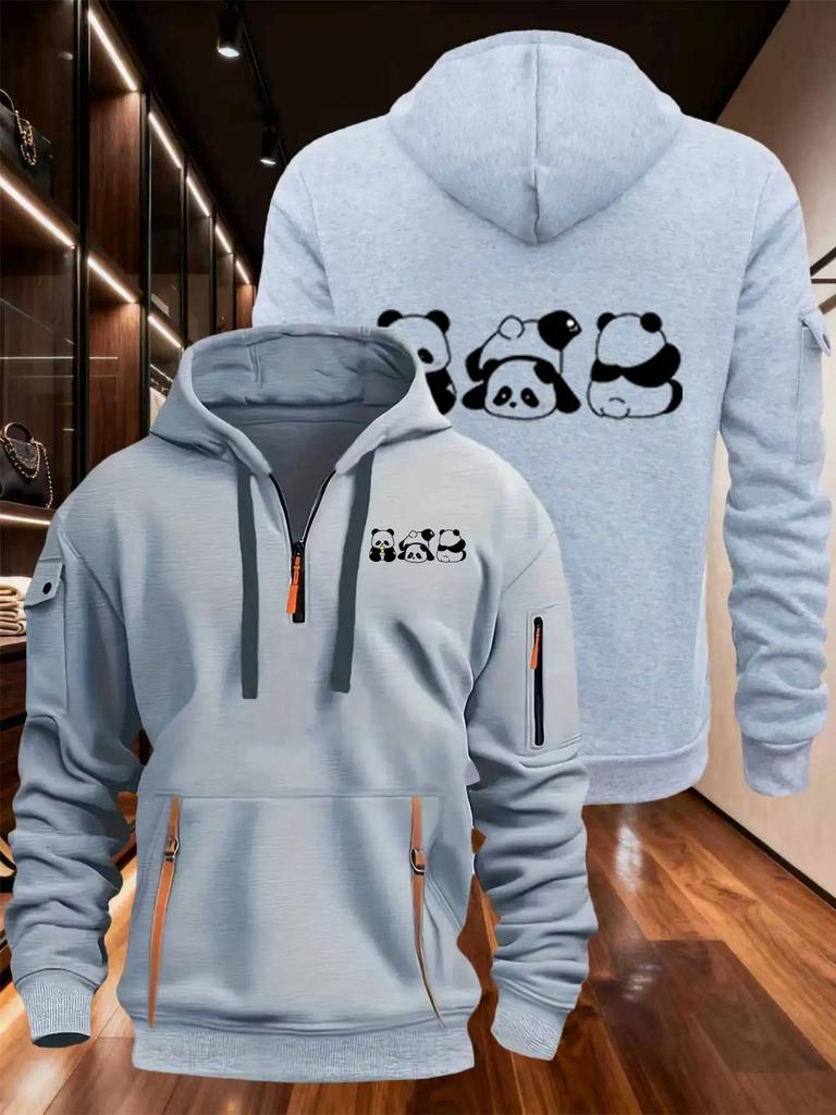 Autumn and winter men's and women's exquisite multi pocket zipper hooded sweatshirt, cute panda pattern, casual and comfortable