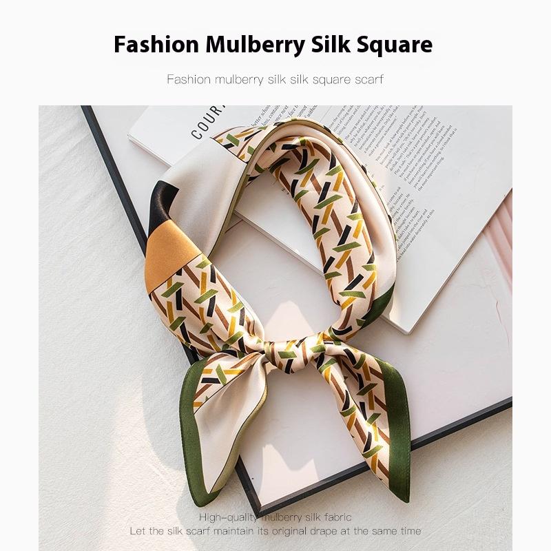Simple commuter versatile  70cm small square scarf, colored geometric line printed mulberry silk scarf