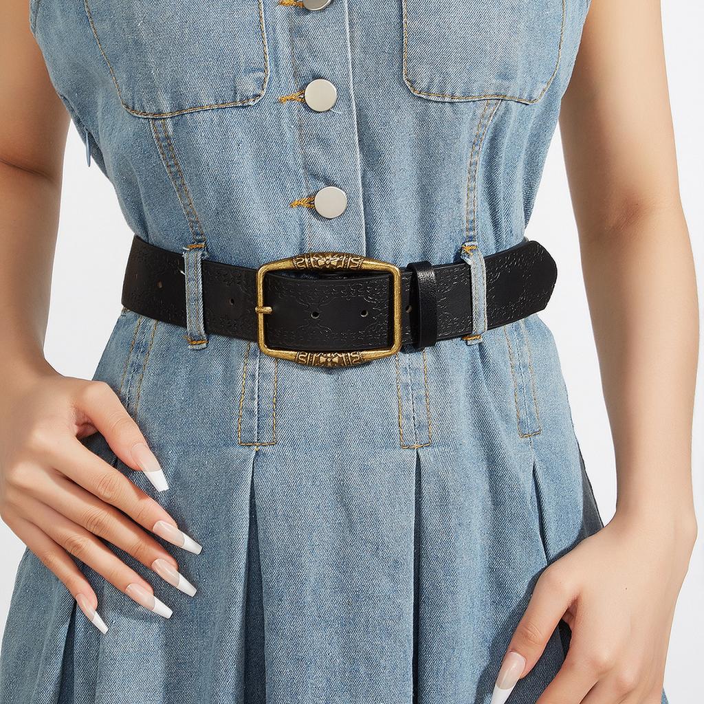 Retro Pattern Print Belts Women Pu Leather Buckle Pin Waist Belt Y2K Vintage All-Match Waistband Accessories