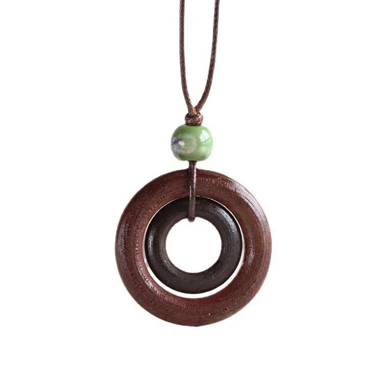 Mori Style Ethnic Wooden Necklace: Creative Wood Ring & Circle Long Sweater Chain for Women