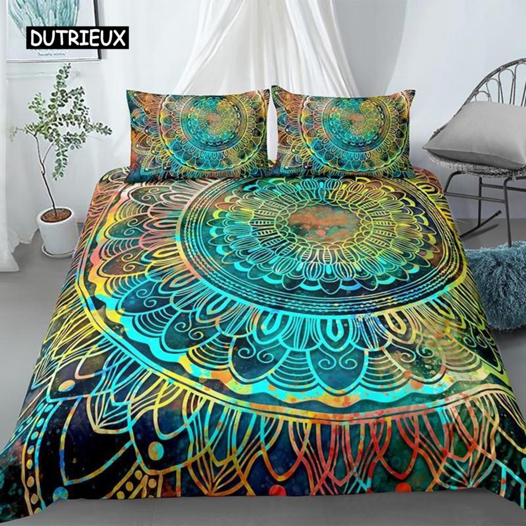 Mandala Duvet Cover Set King Polyester Tie Dye Paisley Quilt Cover Purple Boho Hippie Trippy Floral Exotic Style Bedding Set