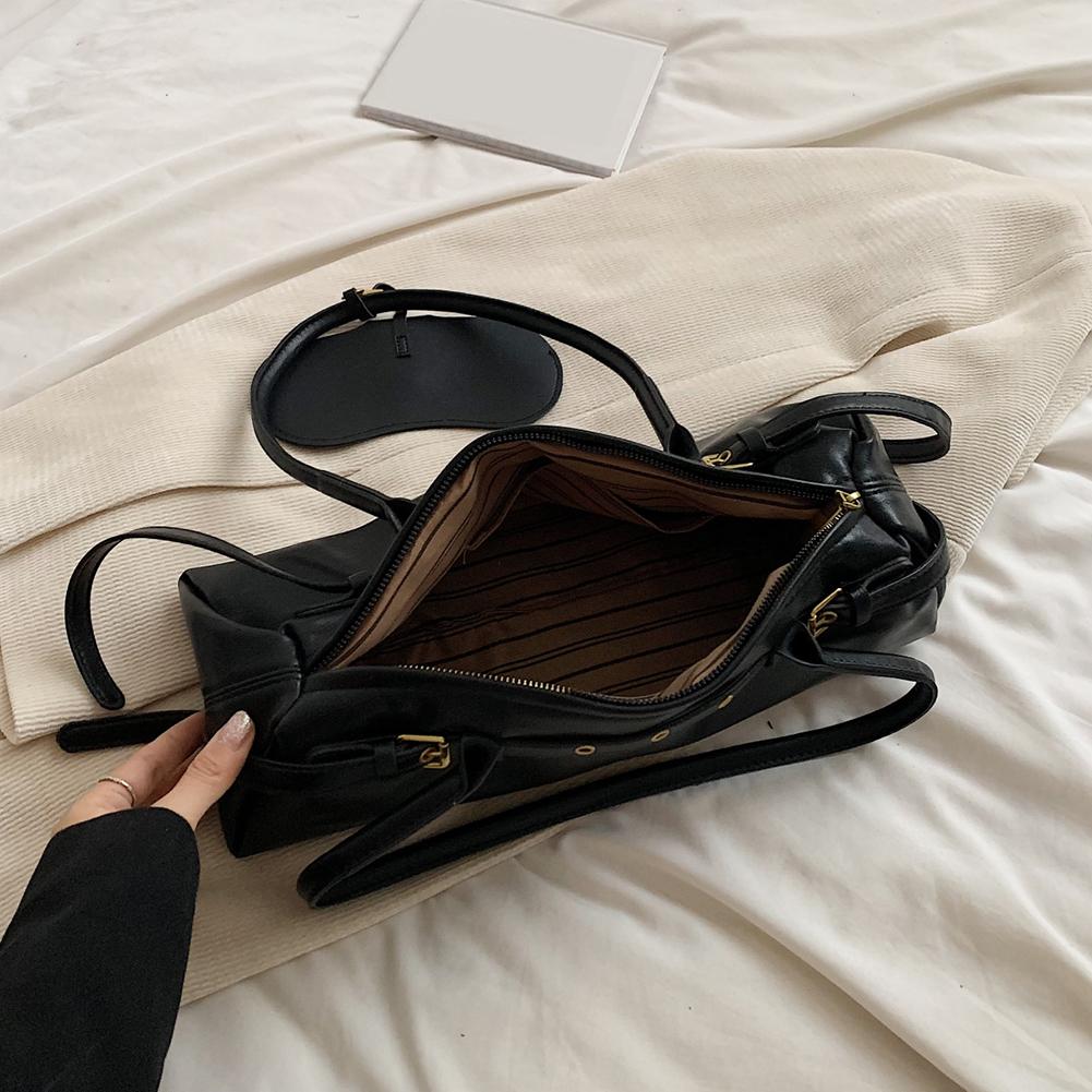 Boston Handbag For Women Solid Shoulder Bag Pu Leather Casual Bowling Bag Retro Commuter Bag