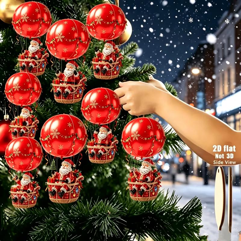 16/24/32 Pcs Wood Hot Air Balloon Santa Claus Ornament Red Christmas Hanging Ornaments Xmas Tree Pendant Holiday Gift Decoration