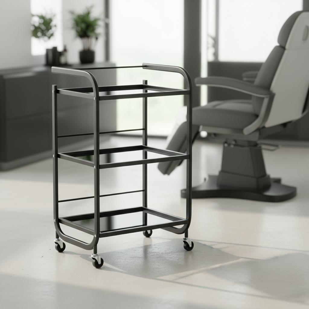 Hairdressing Cosmetic Assistant for the Salon 1027A Universal Cabinet Trolley Table on Wheels with Three Glass Shelves