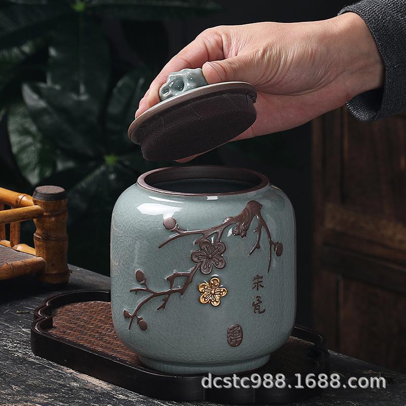 Ceramics Ge kiln Song porcelain tea jar, large sealed storage jar, vintage relief tea packaging jar, gift ice crack glaze