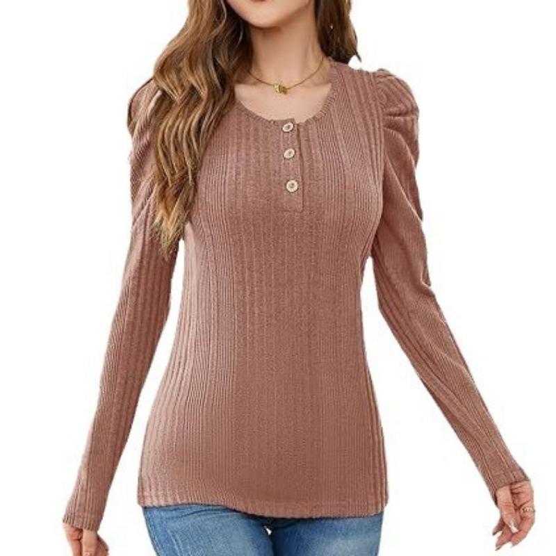 YYFS Women's Fashion Casual Spring Fall Solid Color Print Long Sleeve U-Neck Blouses & Shirts